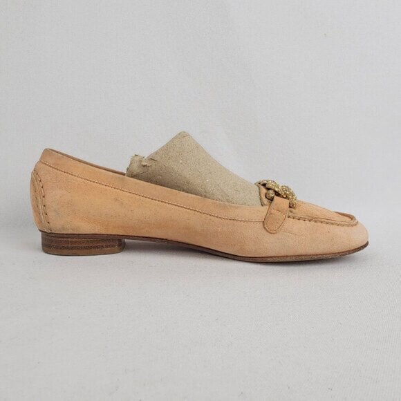 Stuart Weitzman Peach Suede Gold Chain Loafers Size 6.5 - Picture 2 of 6